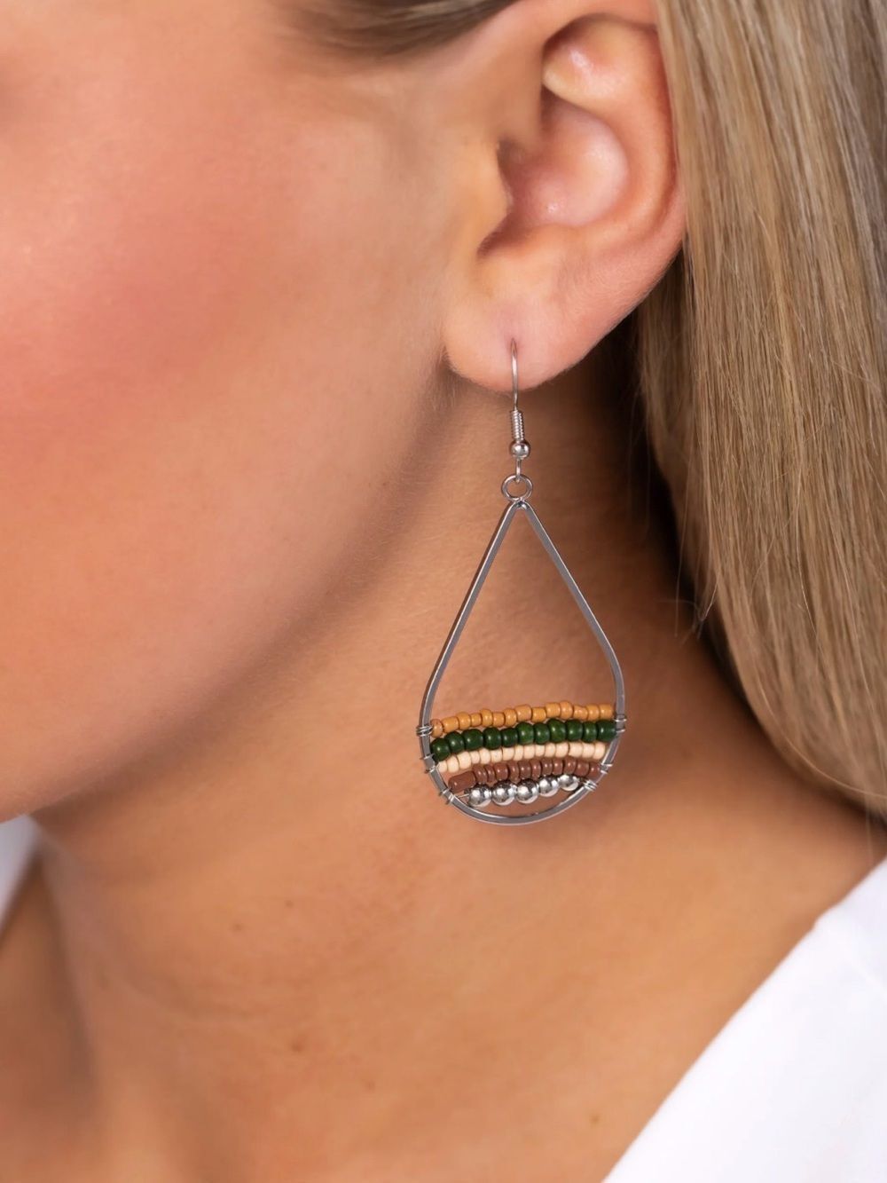 Paparazzi Mojave Mardi Gras Green Beaded Teardrop Dangle Earrings